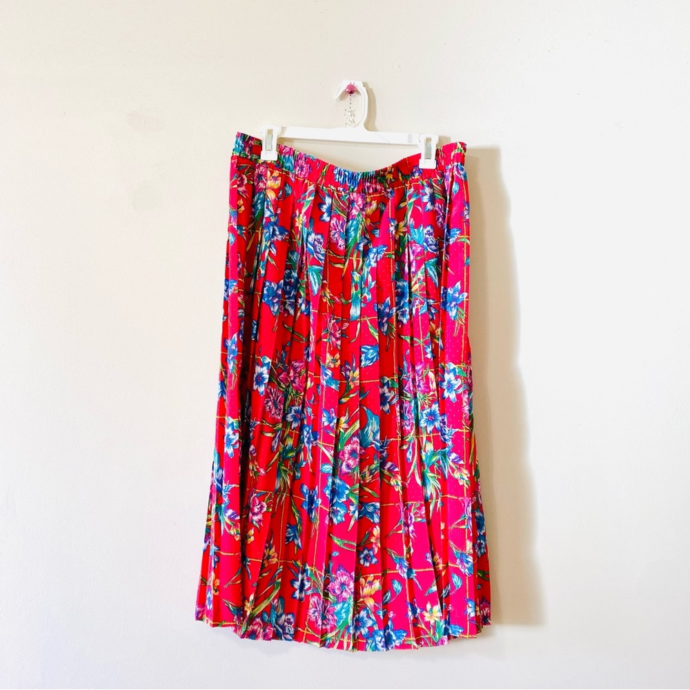 Vintage 70s pleated skirt midi red floral flower XL extra large